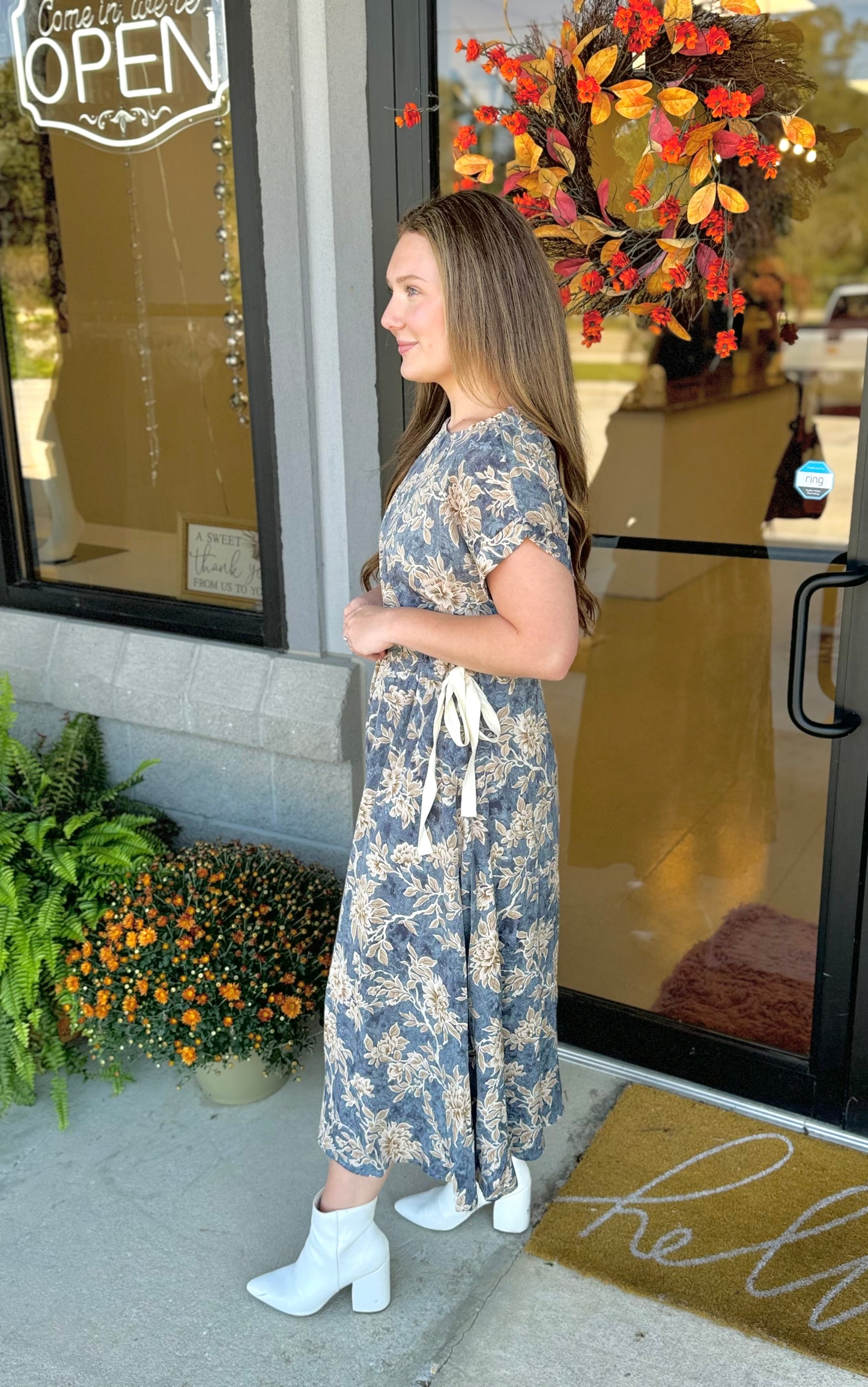 Dusty Blue Side Tie Midi Dress