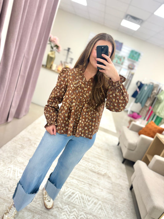 Mocha Floral Pleated Top
