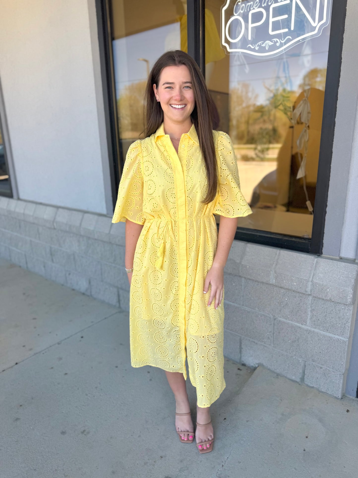 Button Up Eyelet Midi Dress