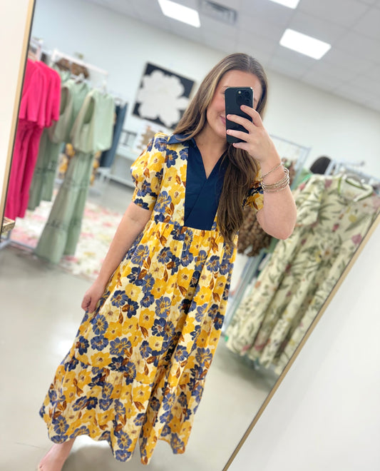 Navy Collared Midi Dress