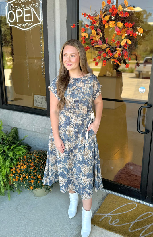 Dusty Blue Side Tie Midi Dress