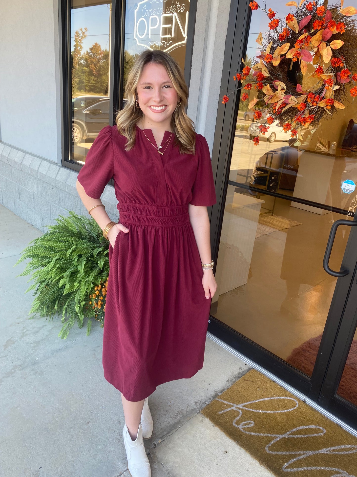 Wine Corduroy Midi Dress