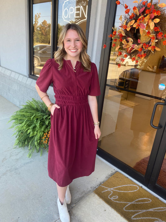 Wine Corduroy Midi Dress