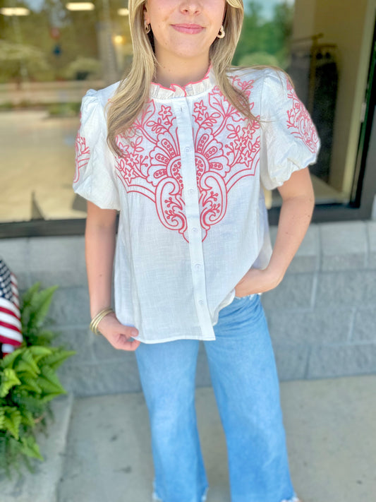 Coral Embroidered Button Up Top